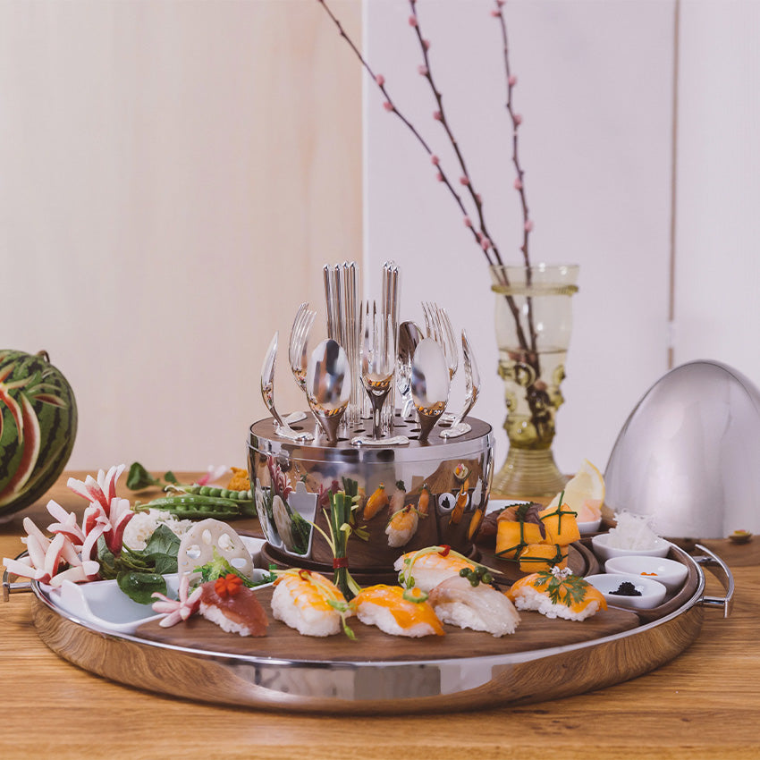 Christofle | Mood Asia Tray Stainless Steel / Porcelain / Walnut wood