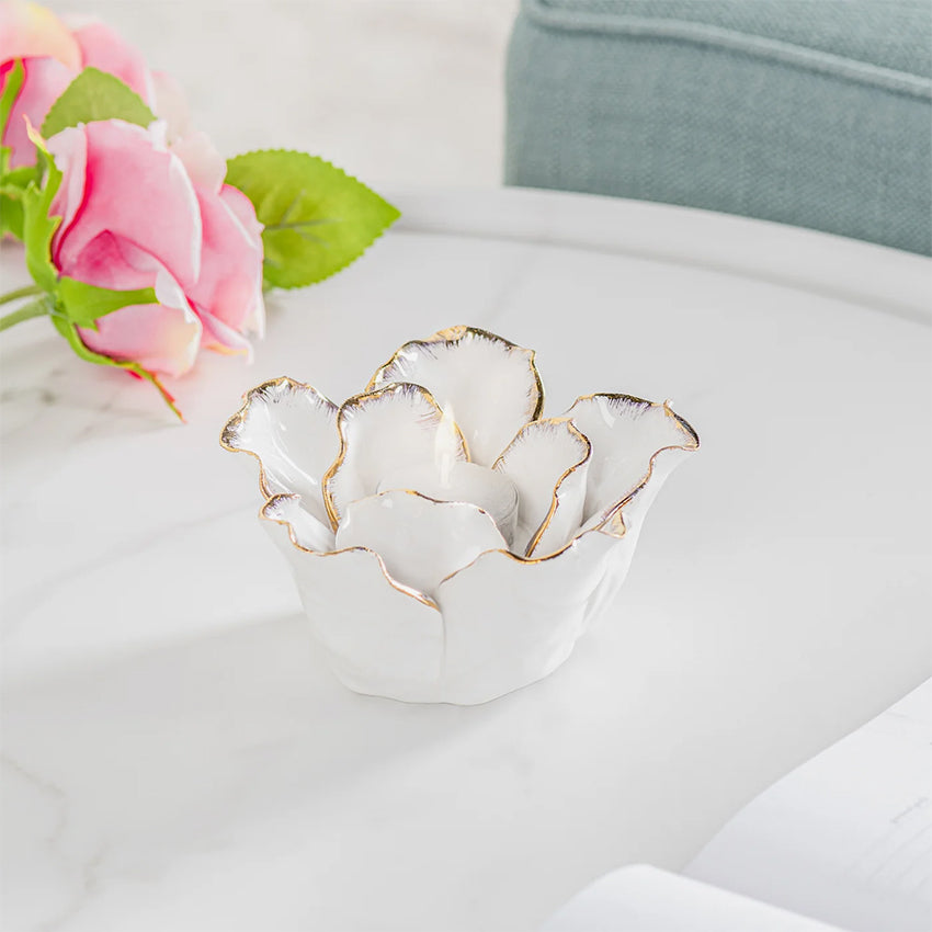 Torre & Tagus | Rose Gold Tipped White Flower Cup Ceramic Tealight Holder