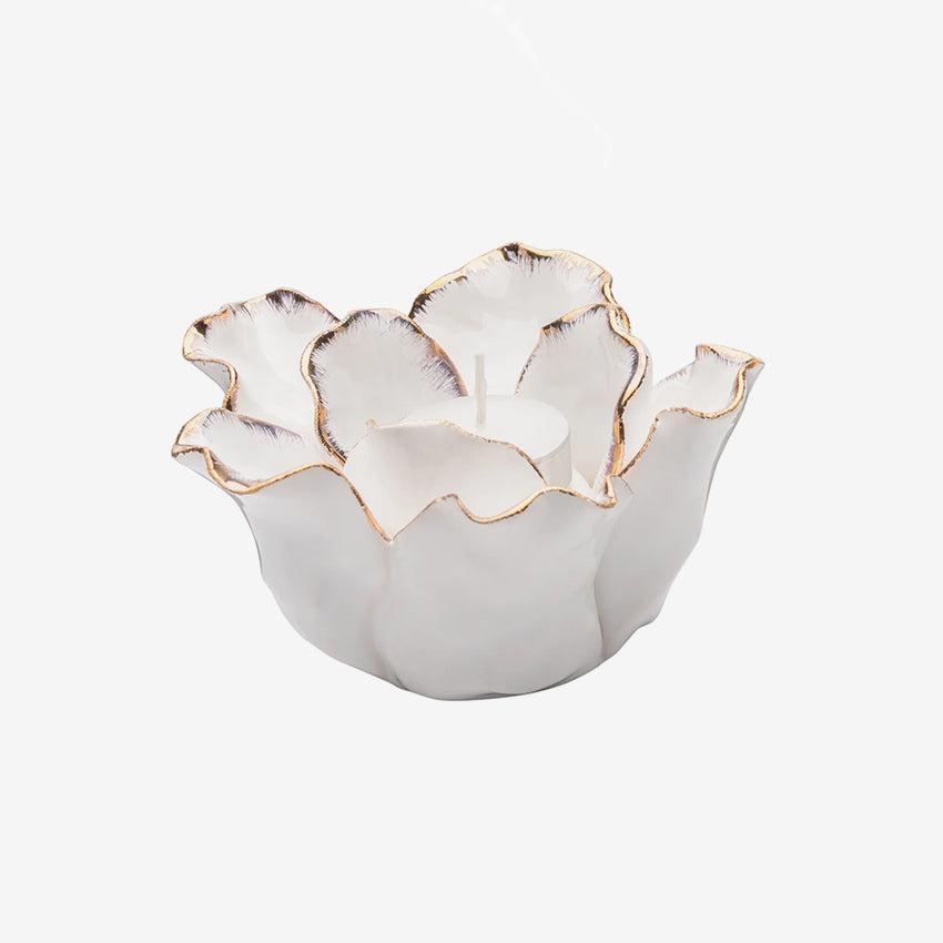 Torre & Tagus | Rose Gold Tipped White Flower Cup Ceramic Tealight Holder