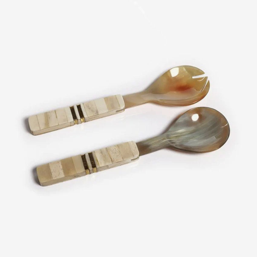 Zodax Variegated Horn With Bone & Brass Trim Salad Server Set