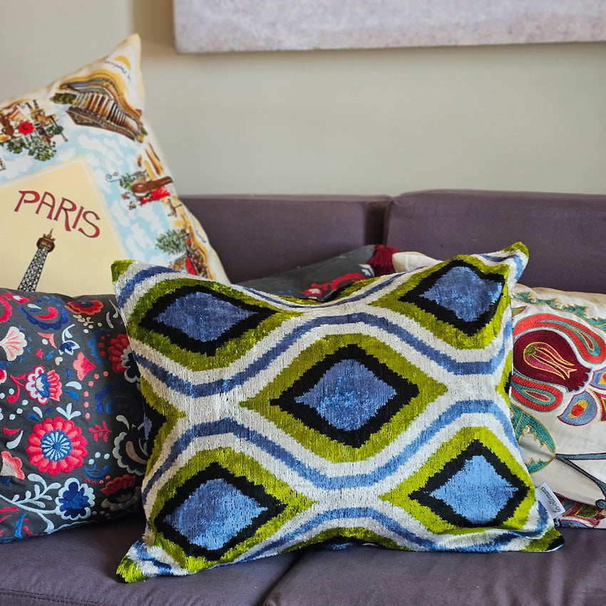 Les Ottomans | Silk Velvet Cushion - Green Blue