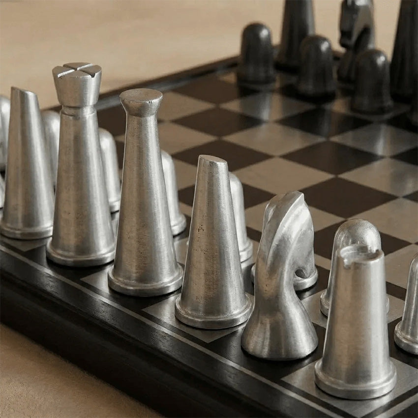 Marble Cultures | Art Deco Metallic Chess Set - Black and Silver Chess Set
