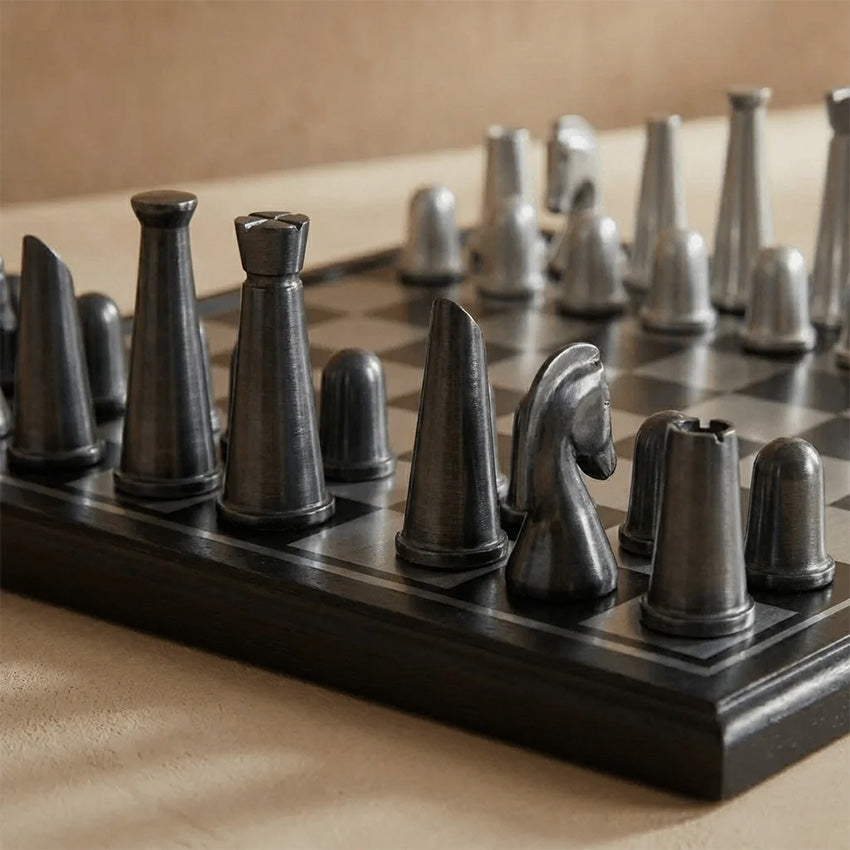 Marble Cultures | Art Deco Metallic Chess Set - Black and Silver Chess Set