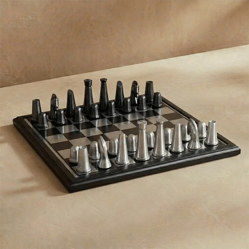 Marble Cultures | Art Deco Metallic Chess Set - Black and Silver Chess Set