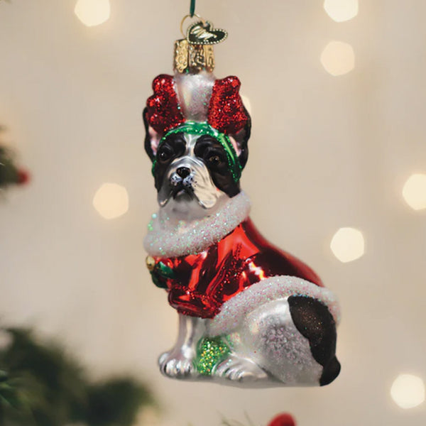 Old World Christmas | Blown Glass Ornament - Holiday French Bulldog