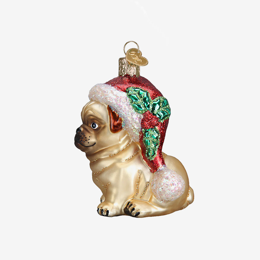 Old World Christmas | Ornement en verre soufflé - Pug au chapeau de Noël