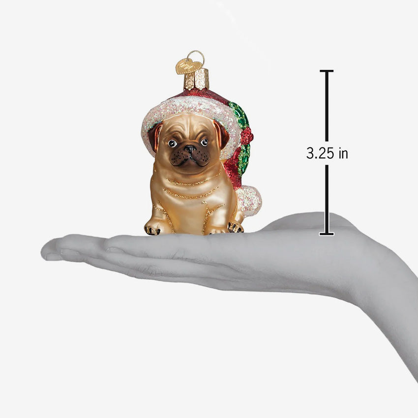Old World Christmas | Ornement en verre soufflé - Pug au chapeau de Noël