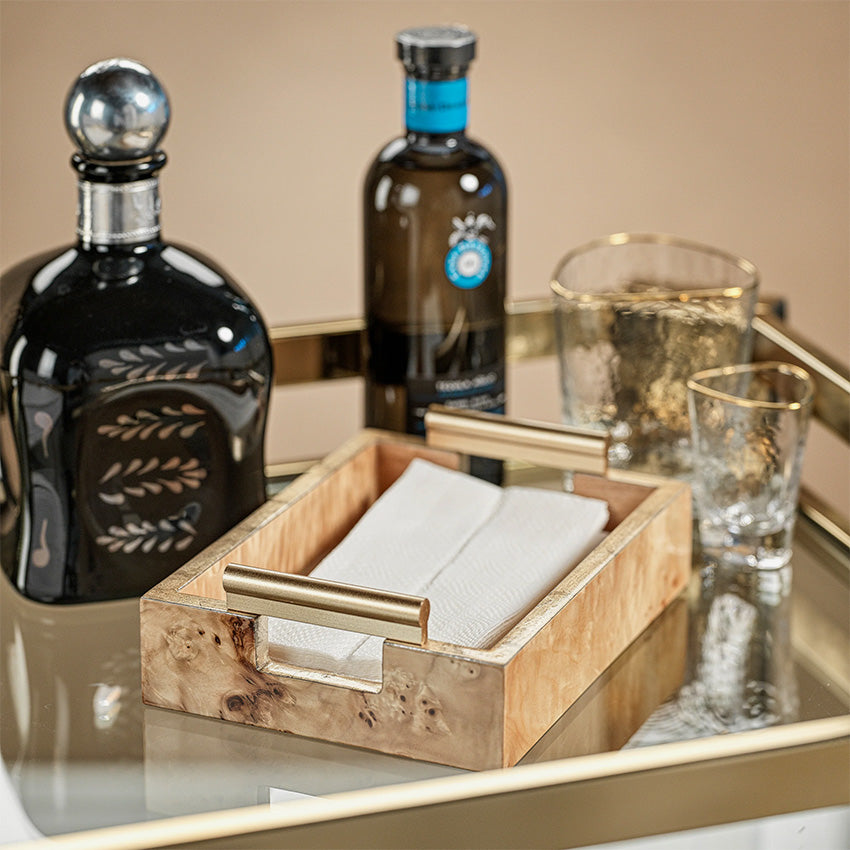 Zodax | Leiden Burl Wood Rectangular Tray With Gold Handles