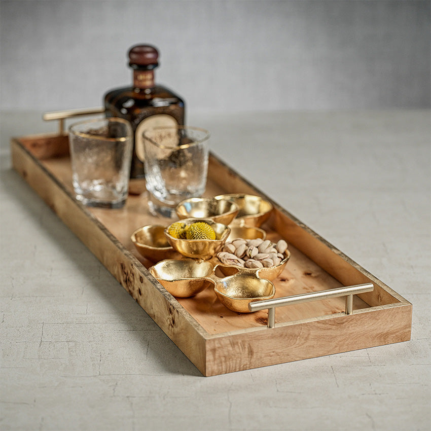 Zodax | Leiden Burl Wood Rectangular Tray With Gold Handles