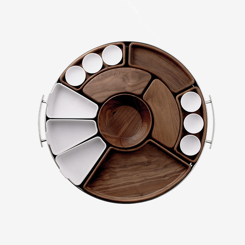 Christofle | Plateau Mood Asia Acier inoxydable / Porcelaine / Bois de noyer