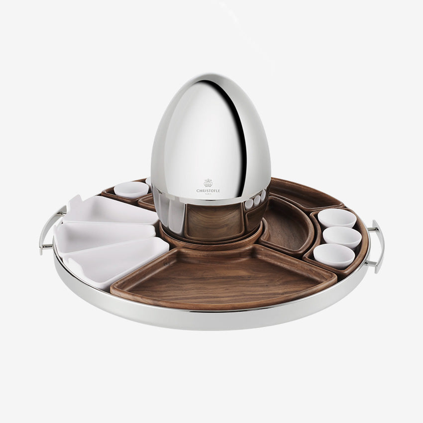 Christofle | Plateau Mood Asia Acier inoxydable / Porcelaine / Bois de noyer