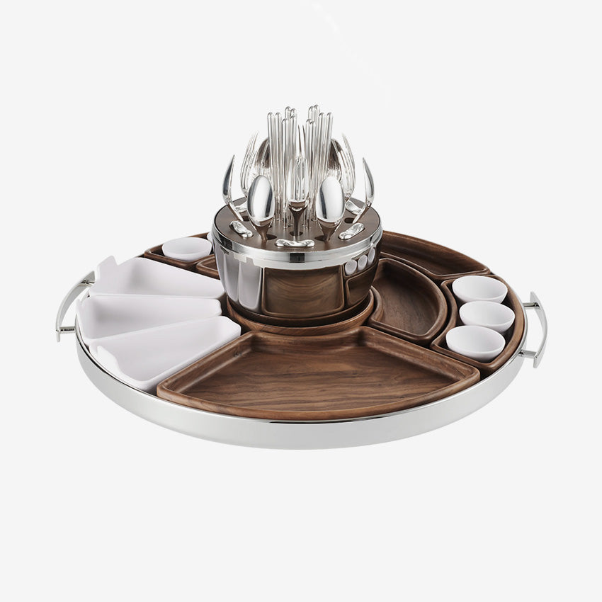 CHRISTOFLE Plateau Mood Asia Acier inoxydable / Porcelaine / Bois de noyer D : 18 7/8"-20 ¹⁵/₃₂'' avec poignées