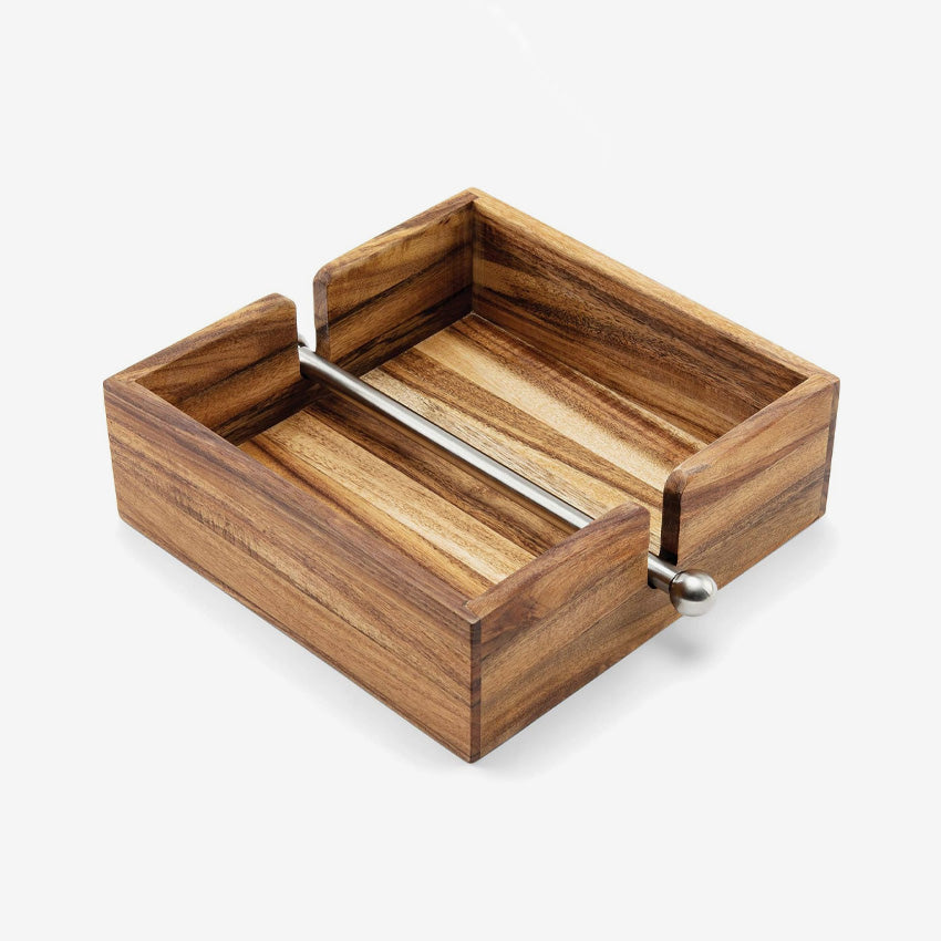 Ironwood | Acacia Wood Napkin Holder with Weighted Stainless Steel Center Bar