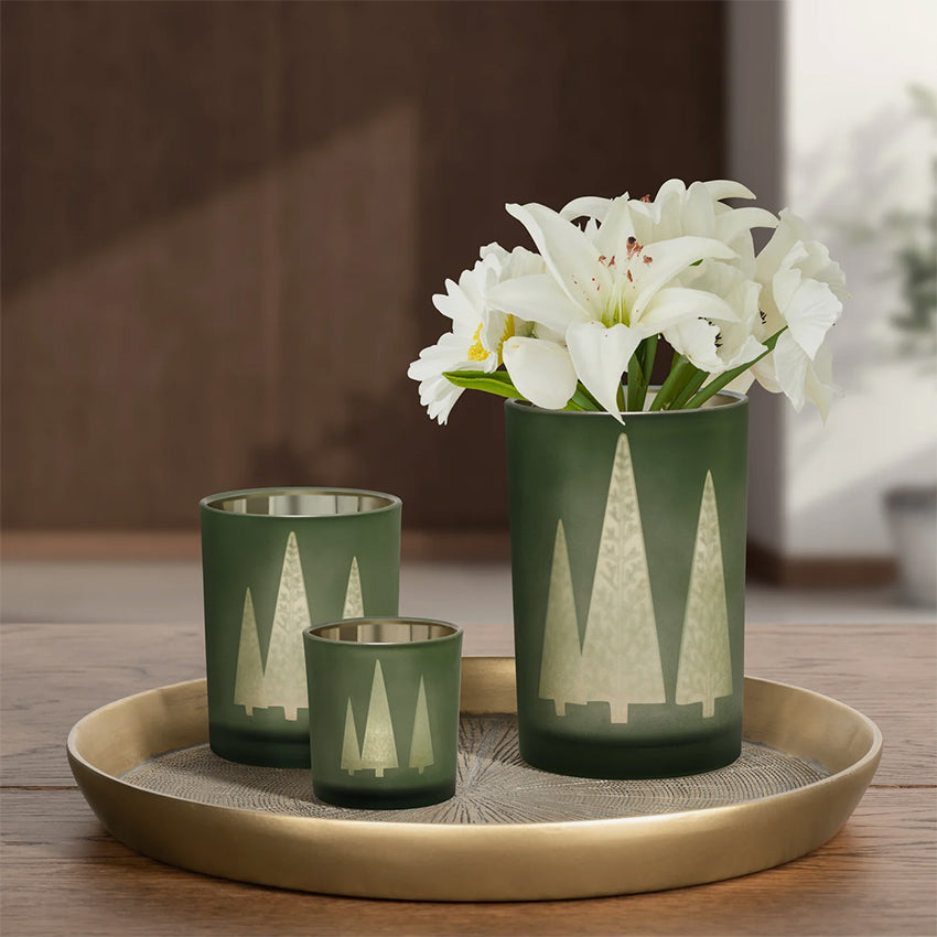 Torre & Tagus | Green Mod Tree Gold Mirror Glass Hurricane Vase