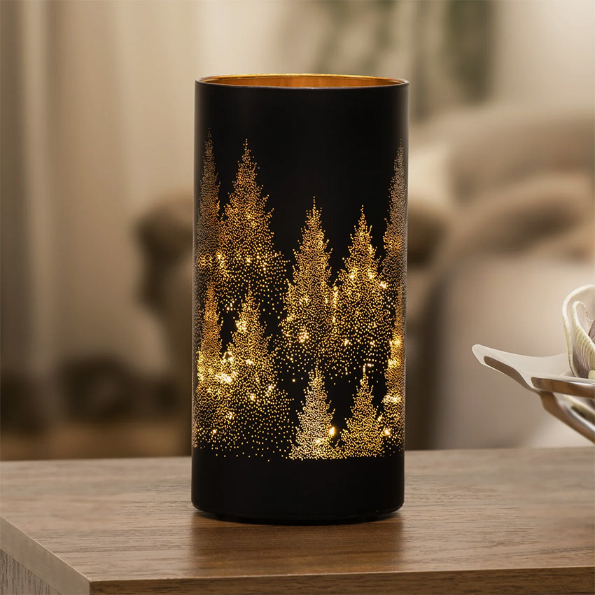 Torre & Tagus | Silhouette Tree Design Black Glass LED Hurricane Lamp
