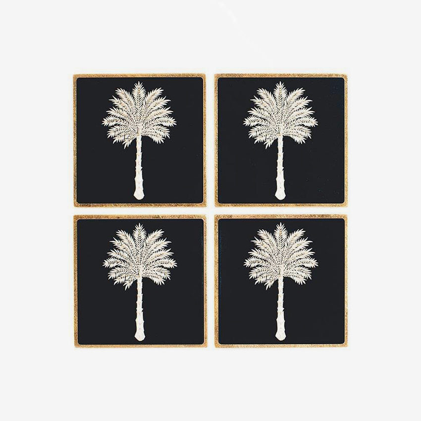 Caspari | Set of 4 Grand Palms Black Lacquer Coasters