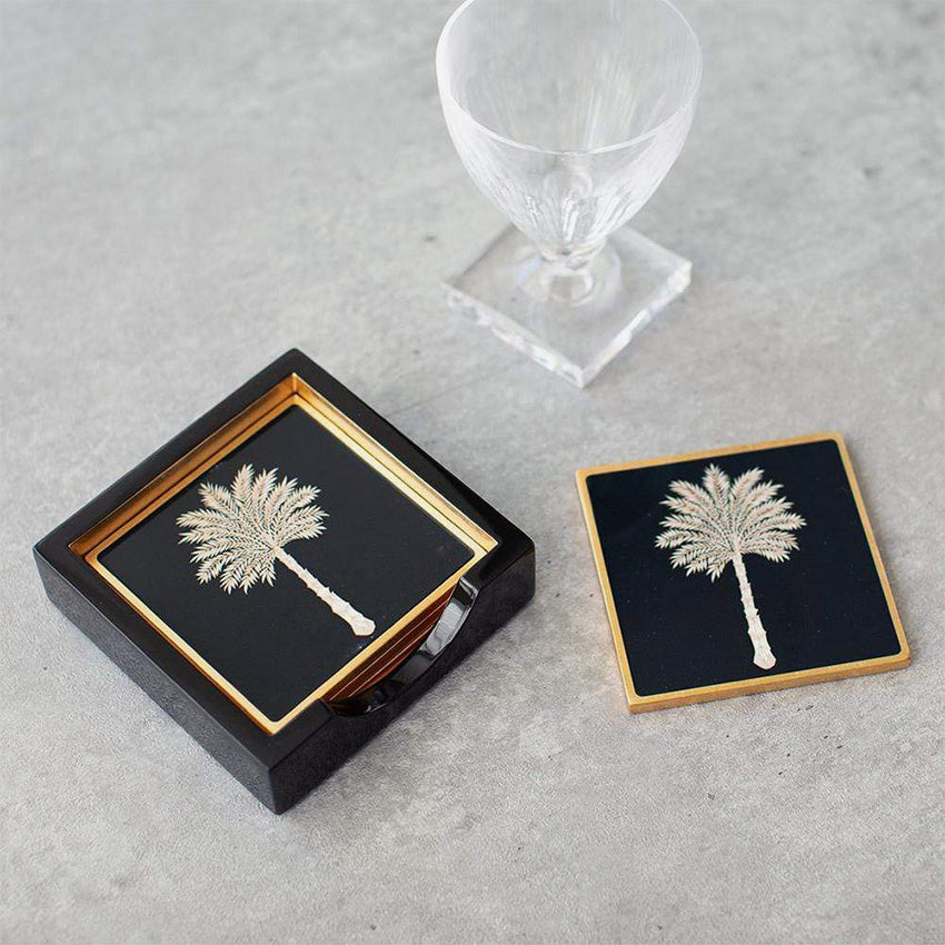 Caspari | 4 Sous-verres Grand Palms Laqu﻿﻿é Noirs