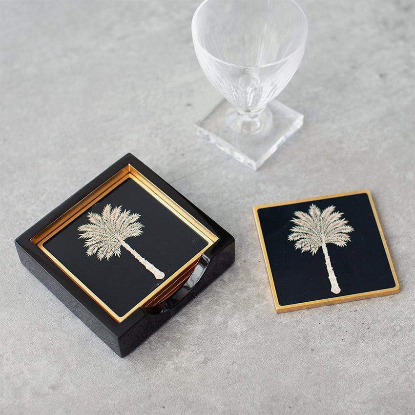 Caspari | Set of 4 Grand Palms Black Lacquer Coasters