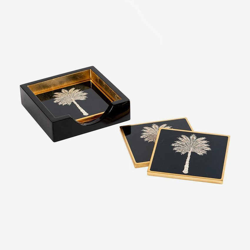 Caspari | Set of 4 Grand Palms Black Lacquer Coasters