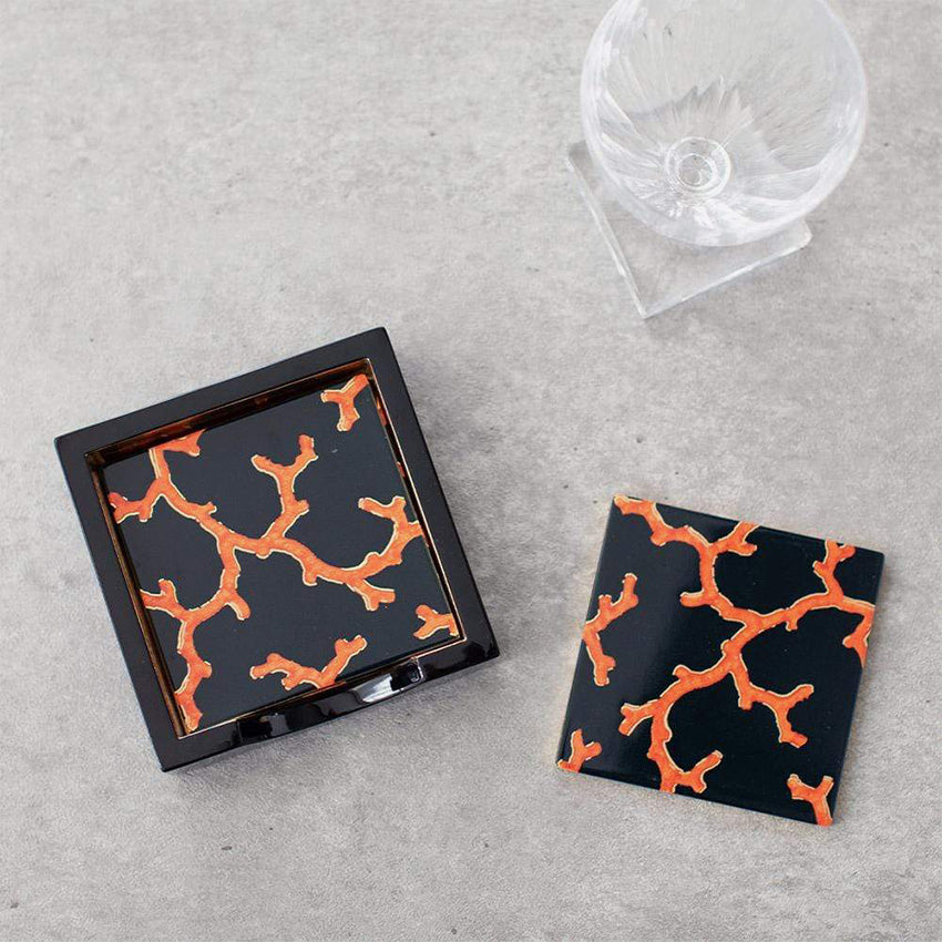 Caspari | Set of 4 Coral Sea Black Lacquer Coasters