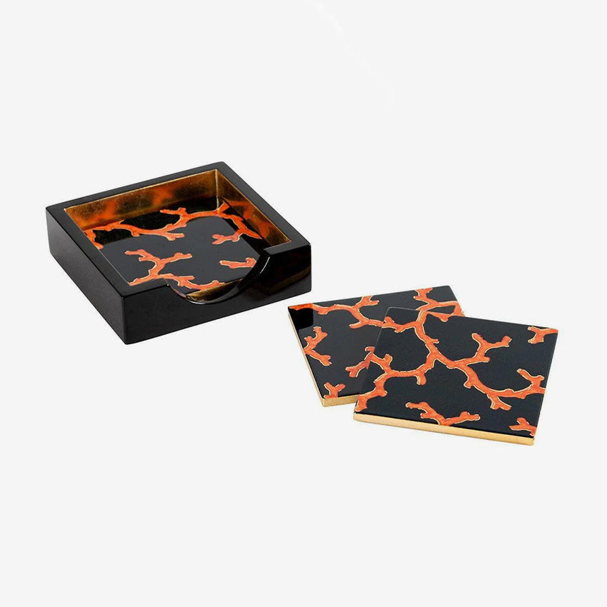 Caspari | Set of 4 Coral Sea Black Lacquer Coasters