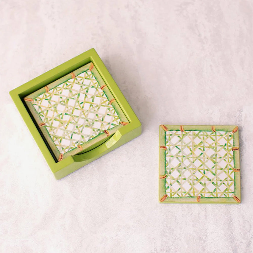 Caspari | Set of 4 Trellis-Green Lacquer Coasters