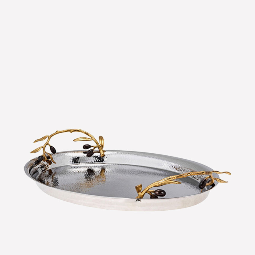 Michael Aram | Olive Branch Oval Serving Tray Stainless Steel&Brass 19x12.75x3 in