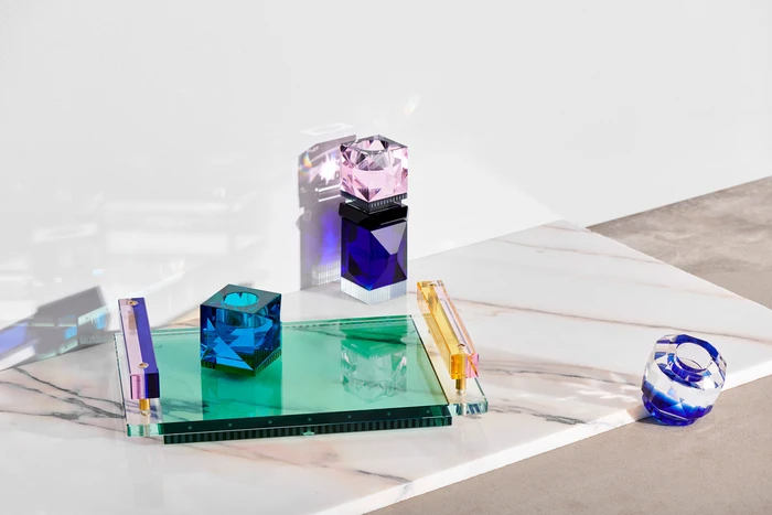 Maison Lipari Panama Clear, Rose, Cobalt, Yellow & Emerald Serving Tray in Fine Crystal  REFLECTIONS COPENHAGEN.