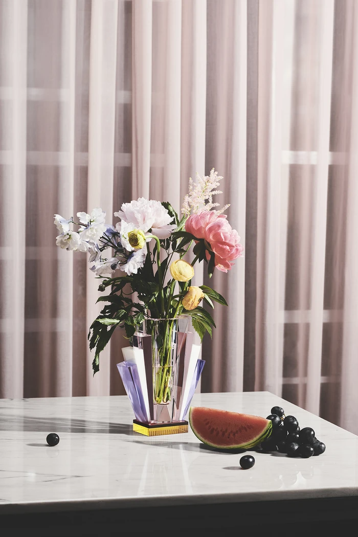 Maison Lipari South Beach Clear, Pink, White, Purple & Yellow Art Deco Vase in Fine Crystal  REFLECTIONS COPENHAGEN.