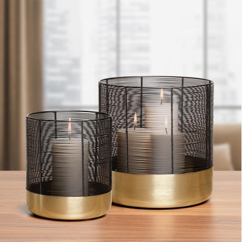Torre & Tagus | Castello Wire Top 2 Piece Brushed Gold Cylinder Hurricane Sets