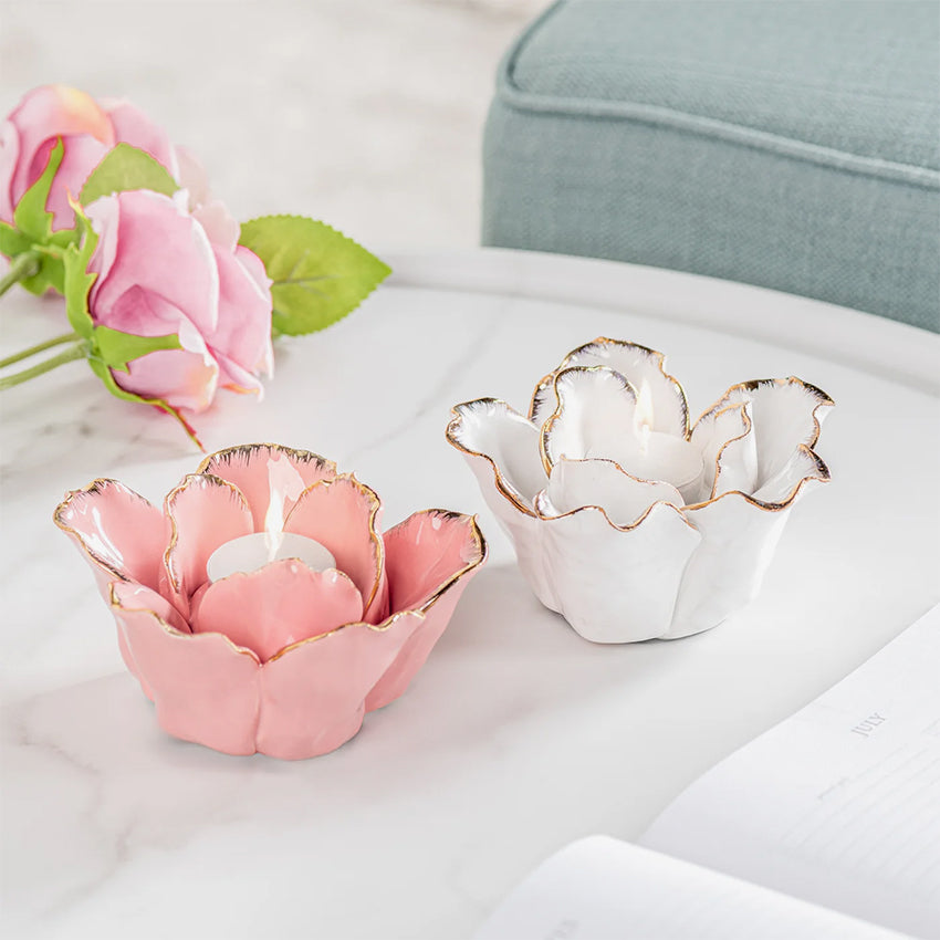 Torre & Tagus | Rose Gold Tipped White Flower Cup Ceramic Tealight Holder