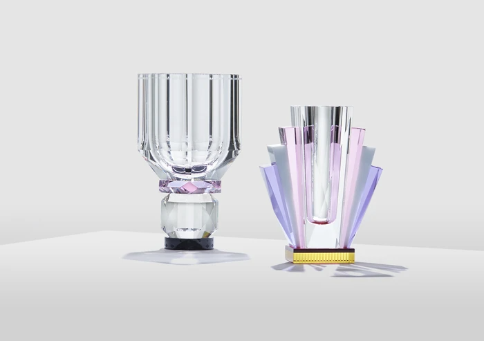 Maison Lipari South Beach Clear, Pink, White, Purple & Yellow Art Deco Vase in Fine Crystal  REFLECTIONS COPENHAGEN.