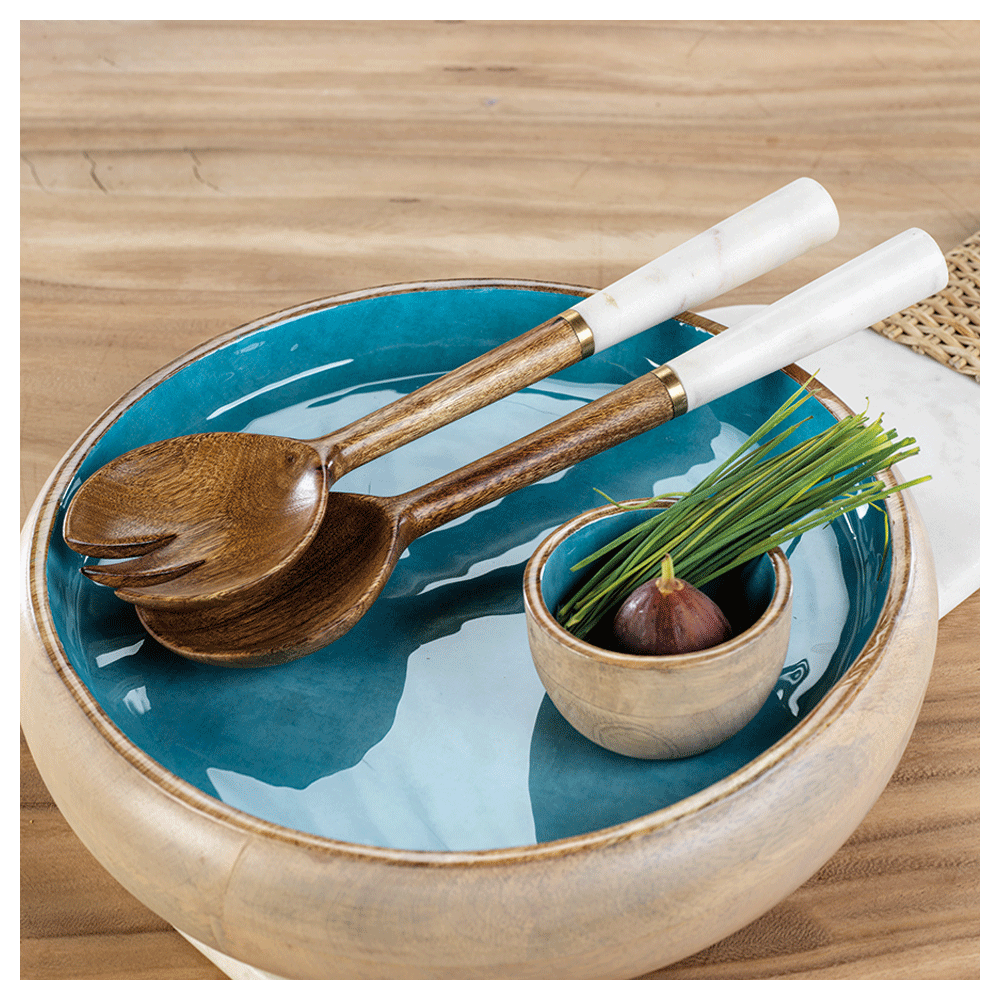 Zodax | Heritage Mango Wood and Marble Salad Sever Set