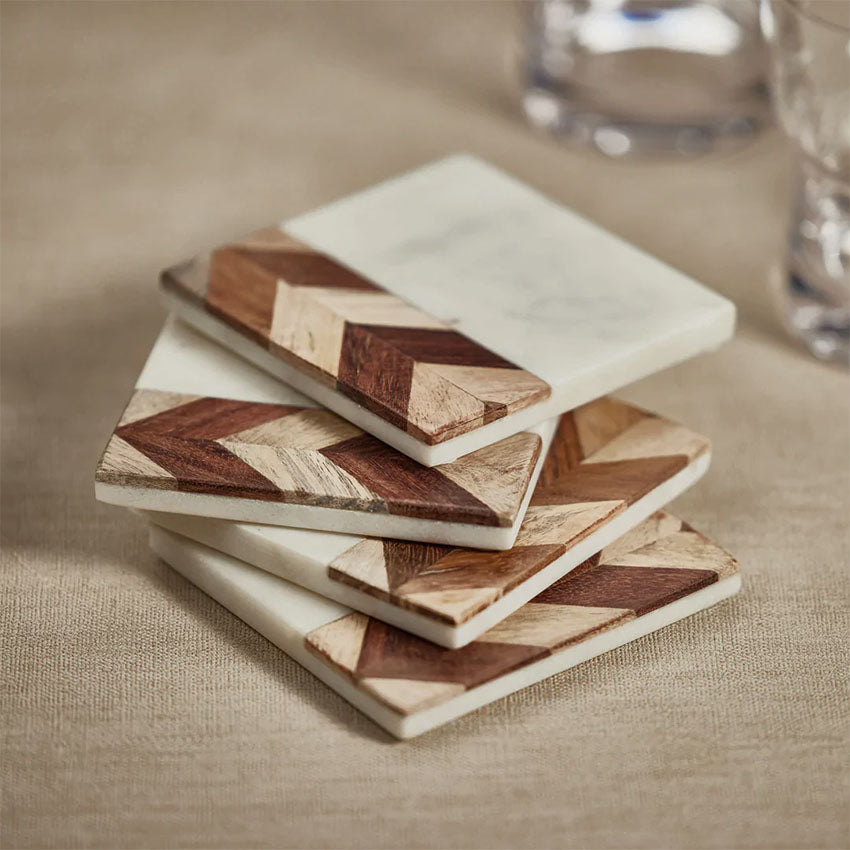 Zodax | Set of 4 Milan Marble With Chevron Design Wood Coasters